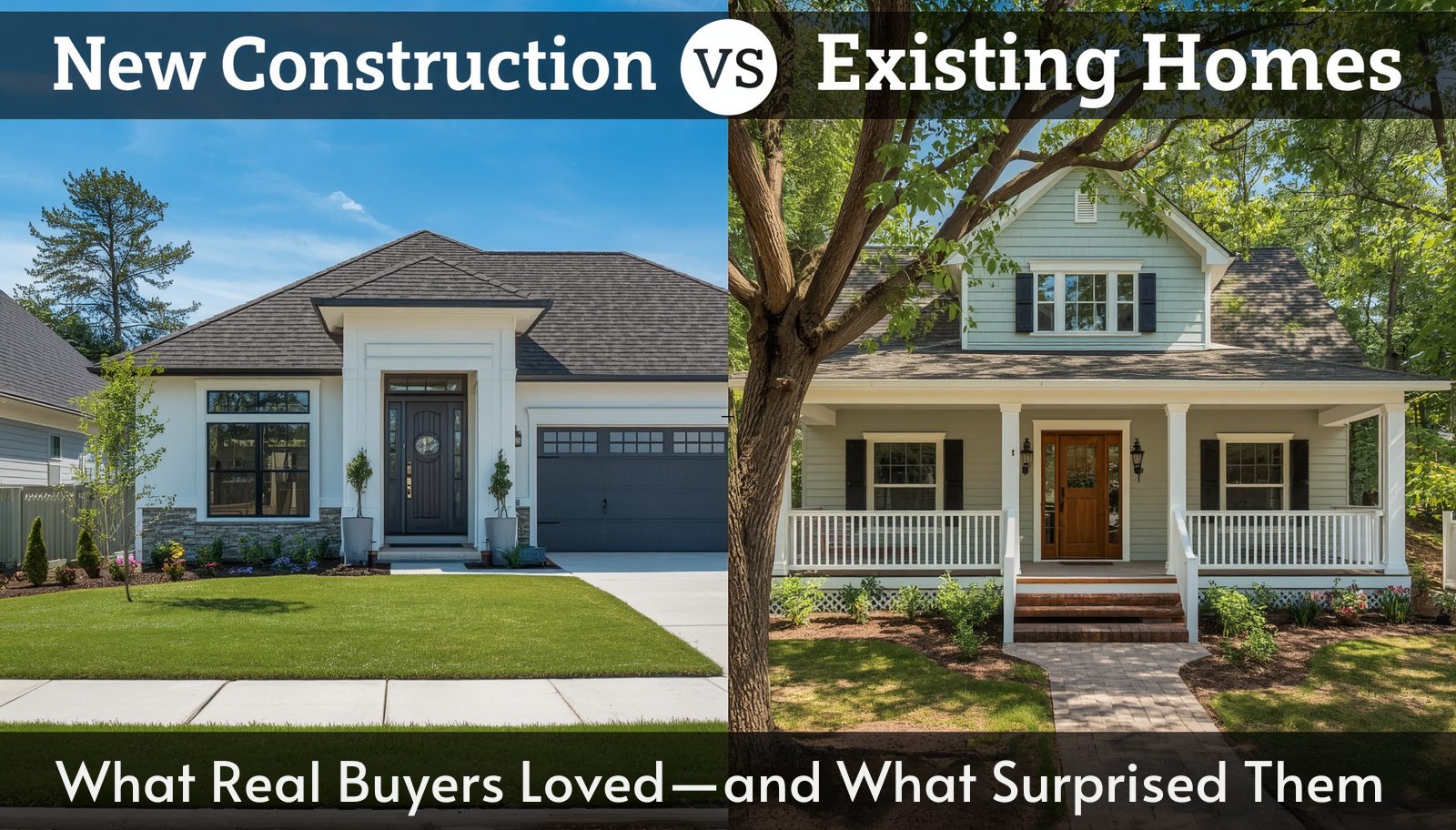 Comparison of a new construction home and an established existing home illustrating the choices buyers consider when deciding which type of home best fits their lifestyle and budget.