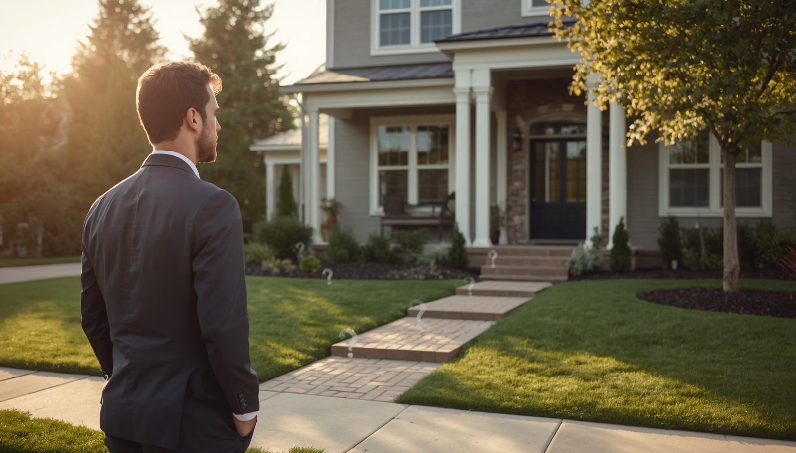 Buyer considering a home with question marks along the path, representing where interest may be lost during the selling process